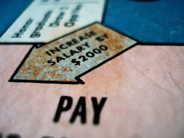 Monopoly board modified with "Increase salary by $2000" //"Salary" flickr photo by jabberwocky381 https://flickr.com/photos/jabberwocky381/2829700156 shared under a Creative Commons (BY-SA) license